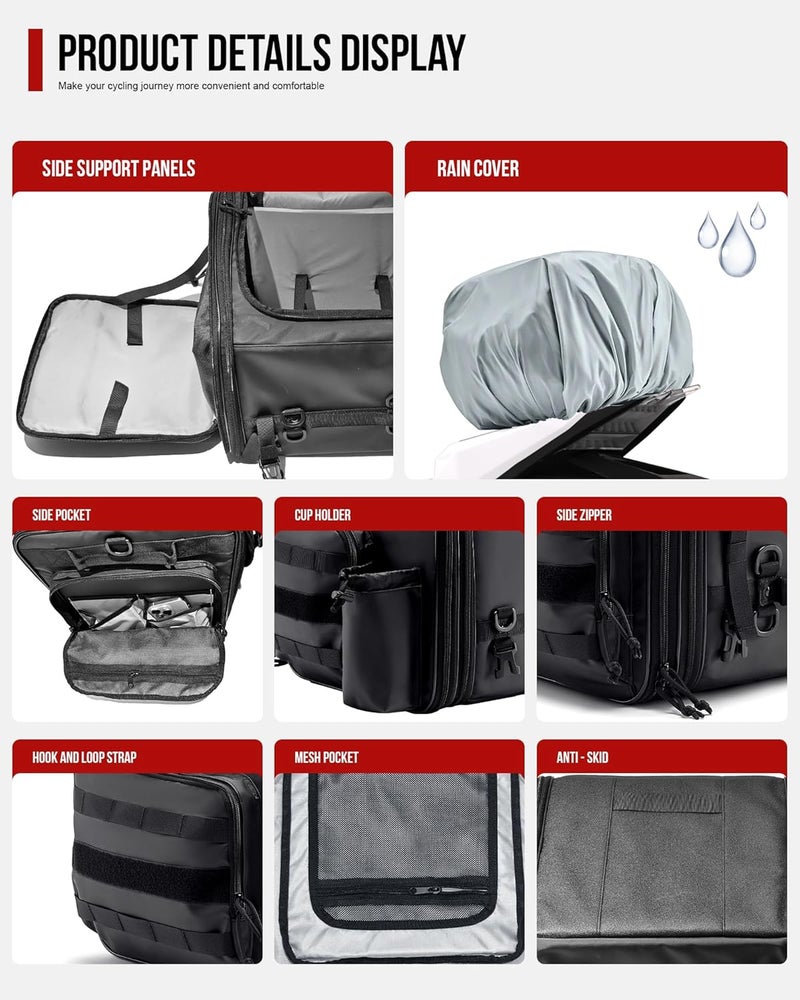 RIDEIRON Motorcycle Tail Bag, Expandable Motorcycle Travel Luggage Bags 40L-60L, Waterproof Rear Rack Trunk with Rain Cover and Sissy Bar Straps - Image 4